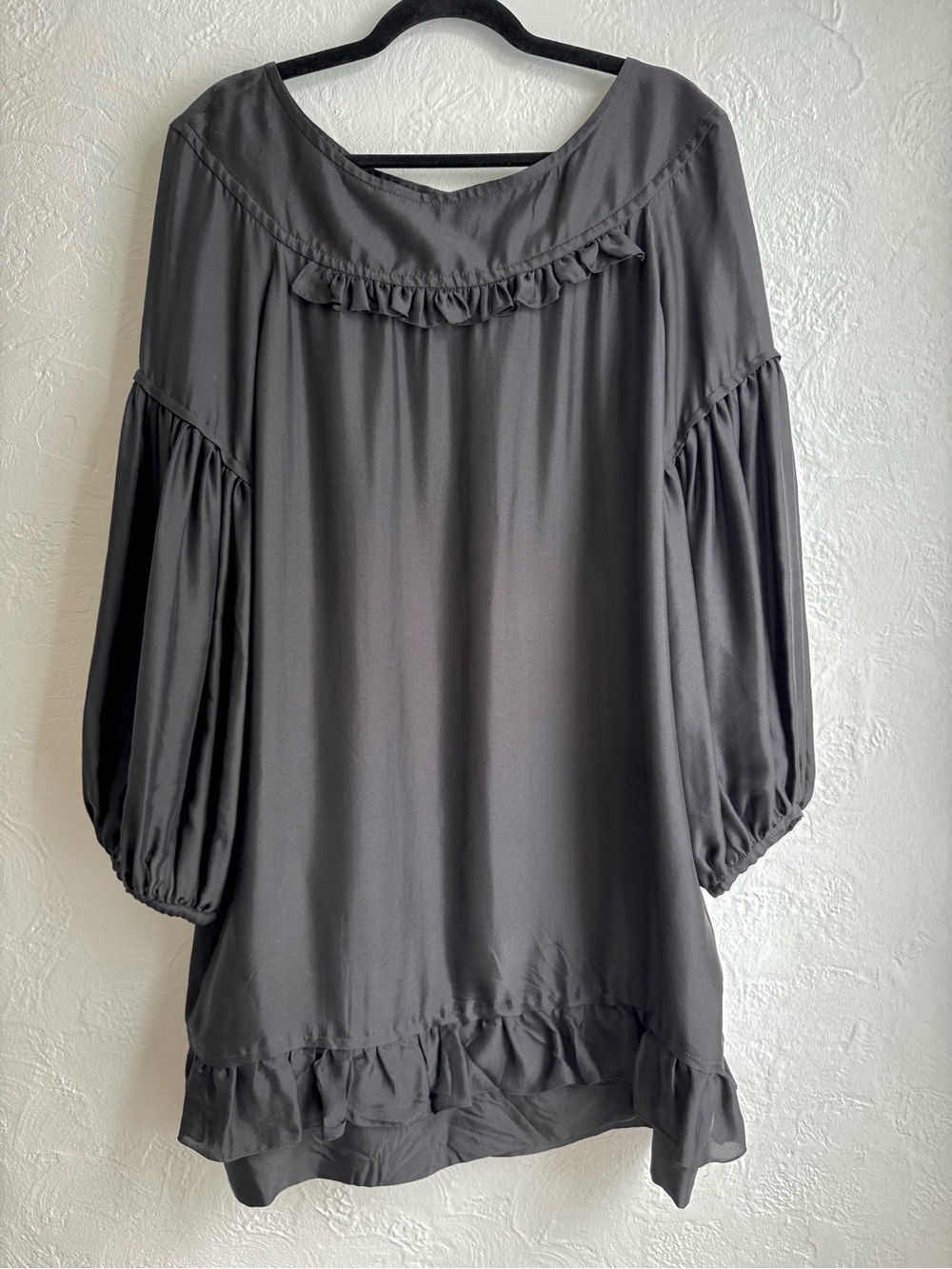 Stella McCartney 2007 Black Silk Ruffle Trim Poet Sleeve Baby Doll Dress Sz 46